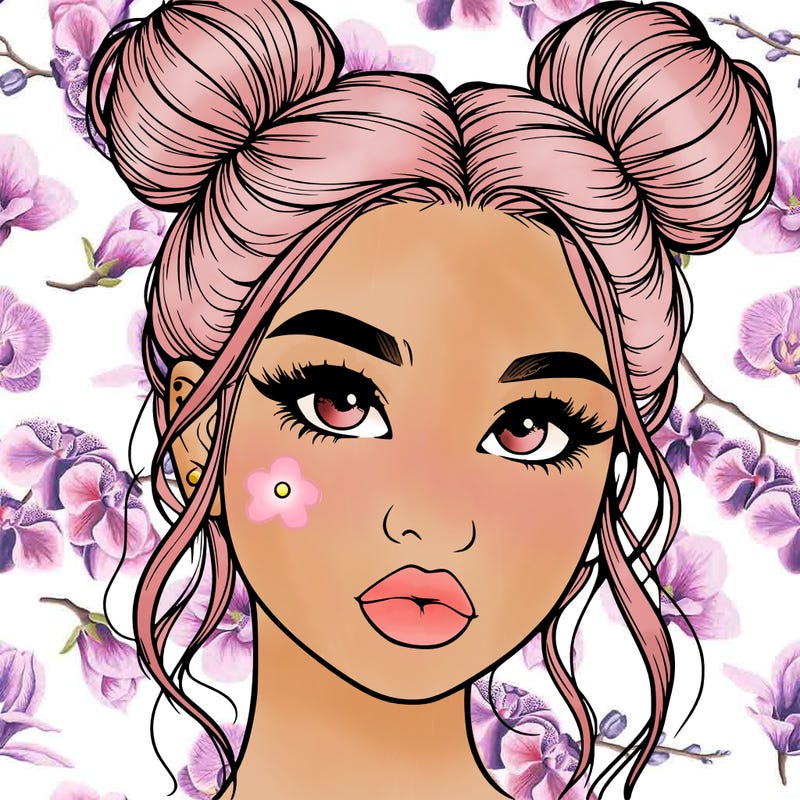 realistic girl with two buns on her hair and lips