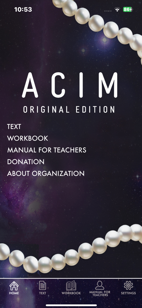 ACIM Original Edition - Menu principal do aplicativo Edição Original ACIM com opções para Texto, Livro de Exercícios e Manual para Professores sobre um fundo estrelado com pérolas.