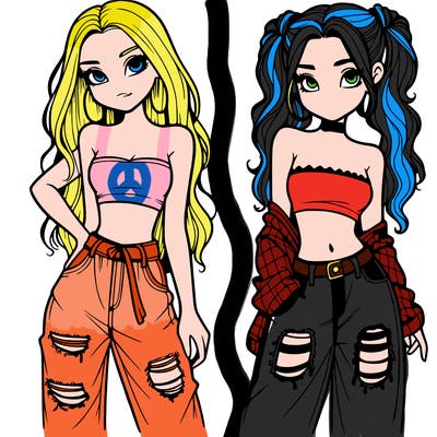 2 girls in crop tops and baggy jeans ripped