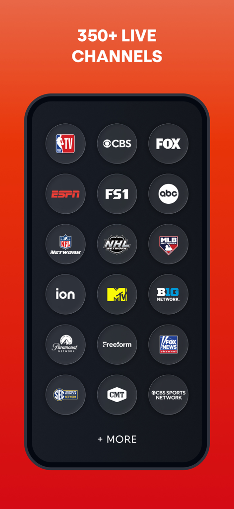 Fuboアプリのインターフェースのスクリーンショット。ESPN、FOX、NFL Networkなどの350以上のライブチャンネルのアイコンが表示されています。