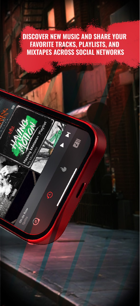 A red smartphone showing the MyMixtapez app interface with text about discovering and sharing music