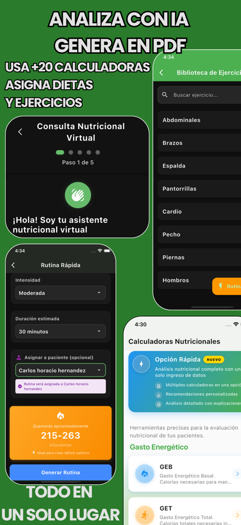 NutriasApp - Pantallas móviles de NutriasApp que muestran calculadoras nutricionales y biblioteca de ejercicios para profesionales de la salud