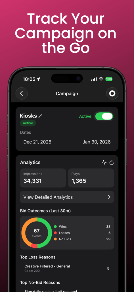 Vue app screen showing real time analytics for a digital billboard campaign including impressions plays and bid success rates