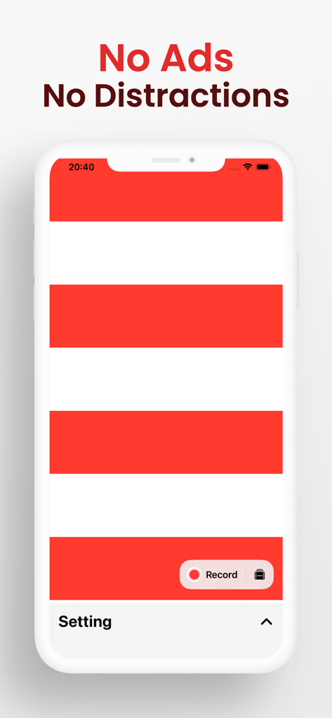 OKN Viewer app interface showing red and white stripes for eye movement observation with a record button