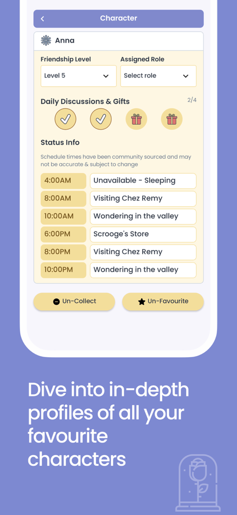 DLV Guide - Perfil de personaje de Anna en la aplicación Guía DLV que muestra su nivel de amistad, regalos diarios y horario de actividades.