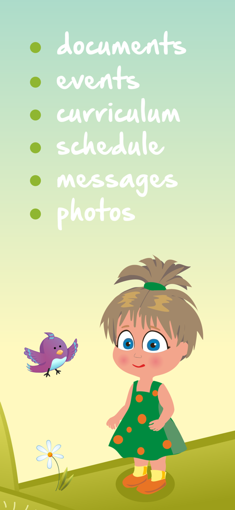 List of Eliis app features including documents events curriculum schedule messages and photos with a cartoon child