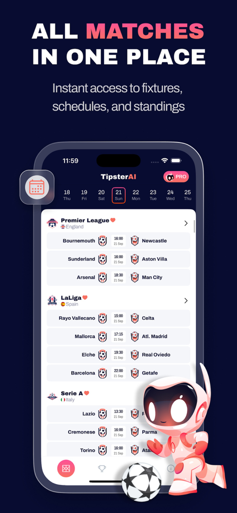 Tipster AI: Sports Predictions - Tipster AI mobile app interface showing football match fixtures and league standings