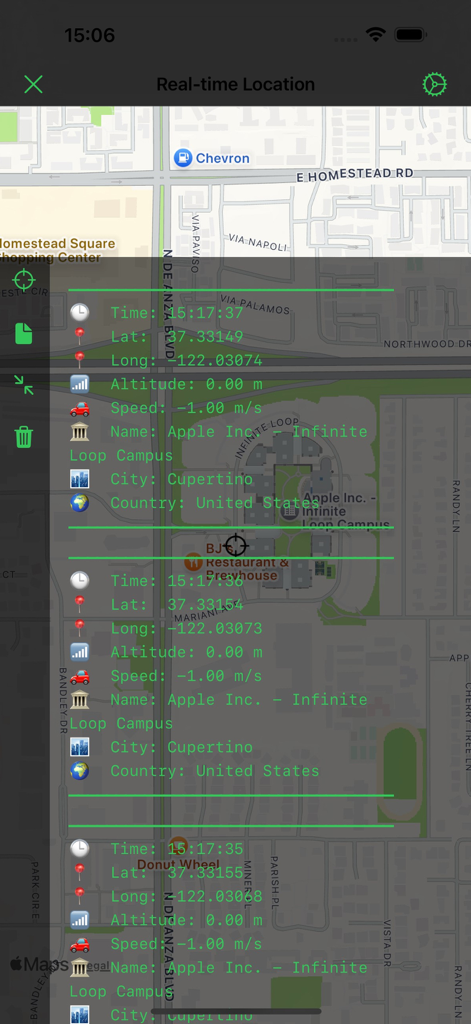 Mobile app screen displaying detailed real time GPS coordinates and location logs