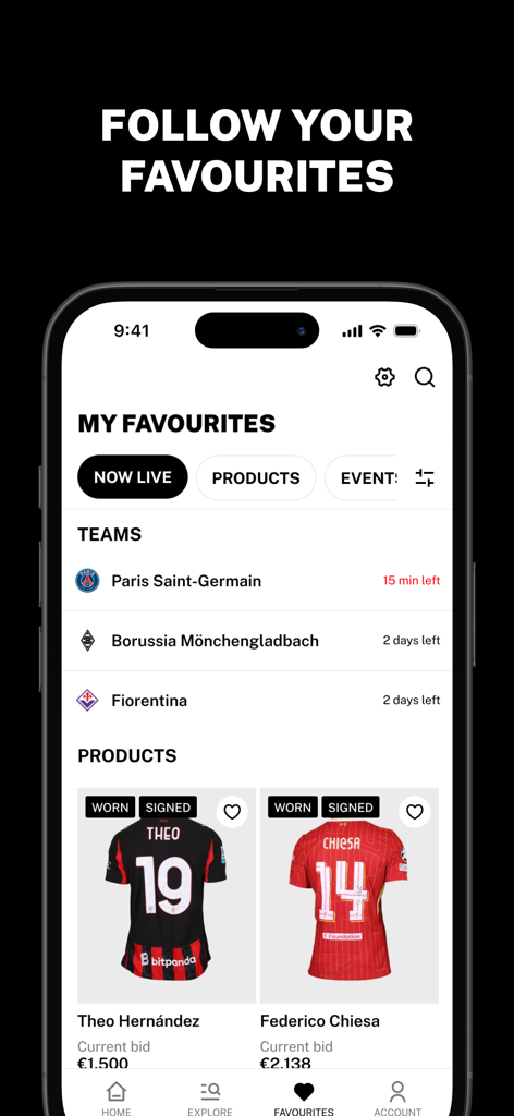 Interface de l'application MatchWornShirt montrant les équipes sportives préférées et les enchères en direct pour des maillots de football dédicacés et portés en match