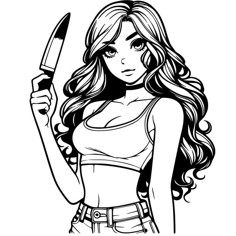 realistic girl with crop top with long wavy hair and shorts holding a knife