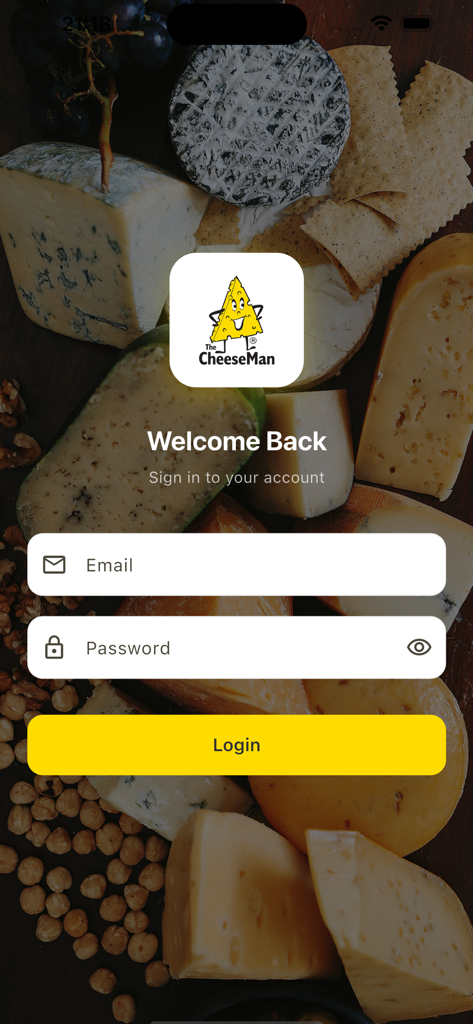 myCheeseman - Login screen for the myCheeseman food service ordering app with email and password fields