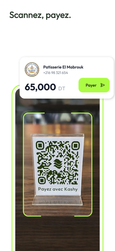 Kashy - Um smartphone usando o aplicativo Kashy para escanear um código QR para um pagamento de 65.000 DT em uma padaria.