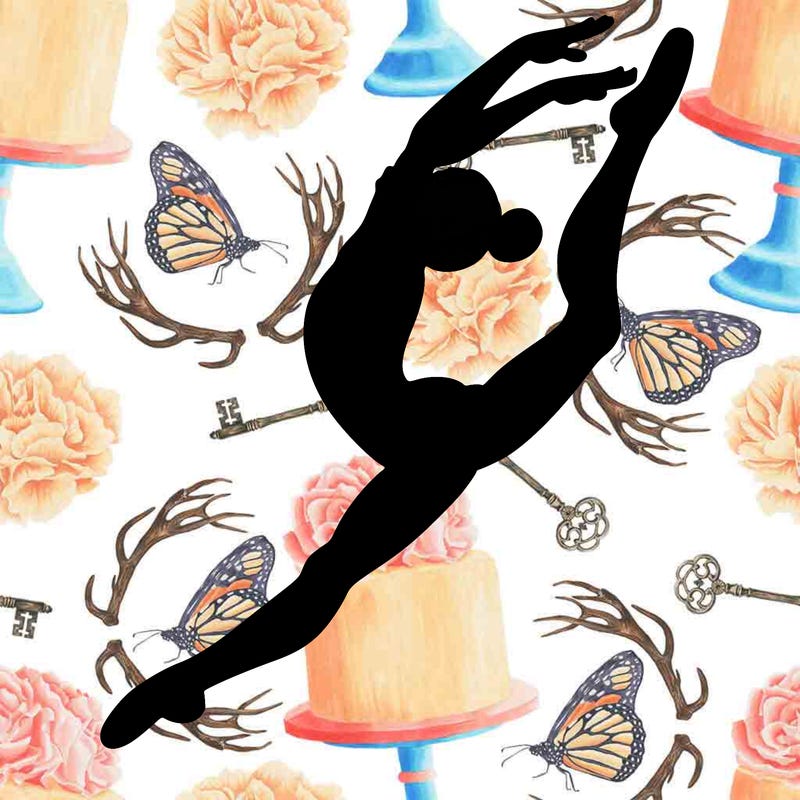 gymnast doing a leap in a leotard with a bent back leg