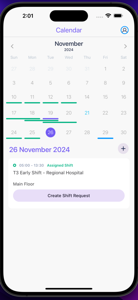 StaffReady app calendar interface showing a scheduled healthcare shift at a regional hospital