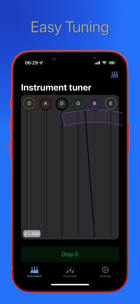 A mobile interface for the Get Tuned app showing a 6-string guitar tuner set to Drop D tuning.