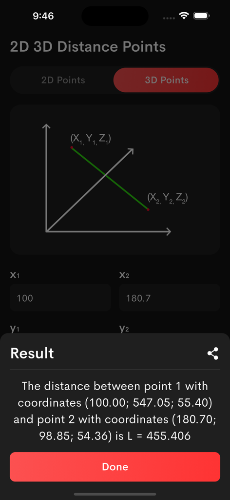 Distance Points Calculator - Mobile app interface showing a 3D distance calculation result between two coordinate points
