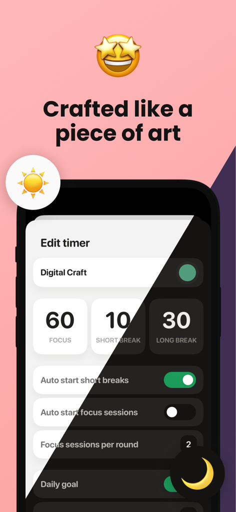 Emphasis: Flow & Focus Timer - Emphasis app interface showing light and dark mode themes for timer settings including focus and break durations.