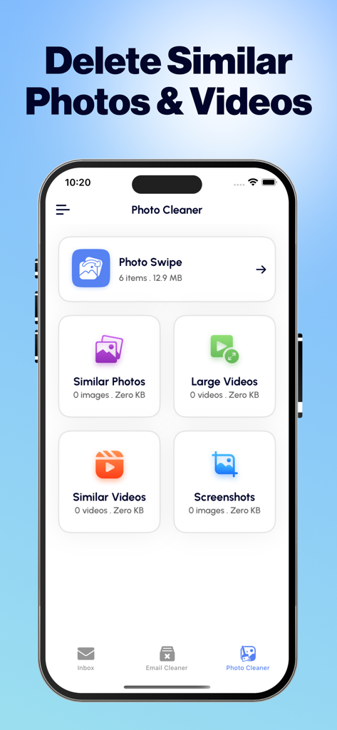 Email Cleaner : Inbox Cleaner - Photo Cleaner interface showing options to delete similar photos and large videos to free up storage.