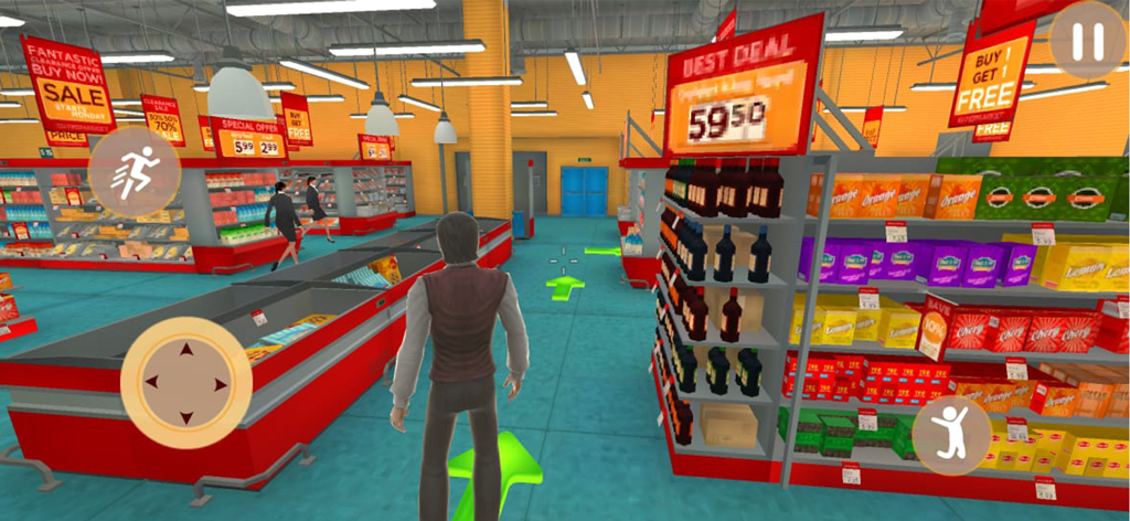 Supermarket Simulator Games 24 - Vista 3D de un personaje jugador navegando por un pasillo de supermercado con estantes de comestibles surtidos y carteles de ofertas promocionales