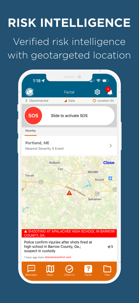 EVERYWHERE App - Interface of the EVERYWHERE App showing geotargeted risk intelligence alerts, a map, and an emergency SOS slider.