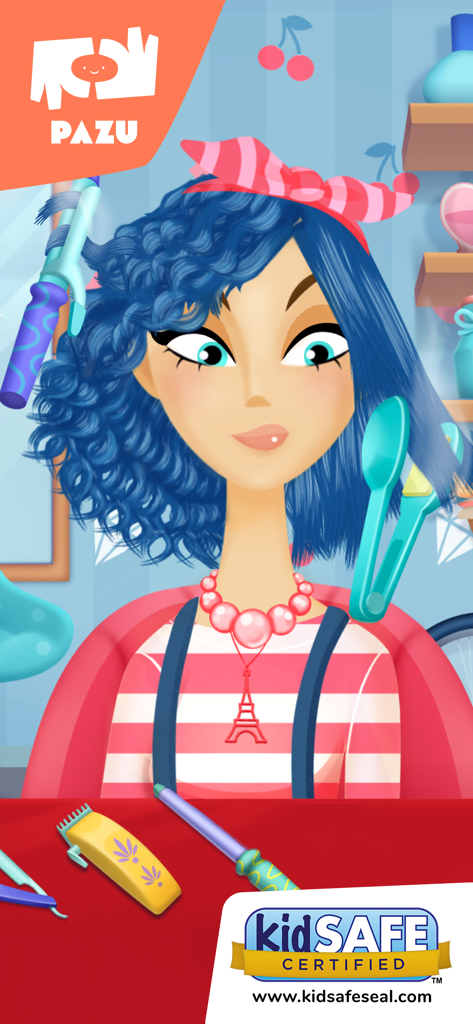 A girl with blue hair getting a makeover with a curling iron and hair straightener in the Pazu hair salon game