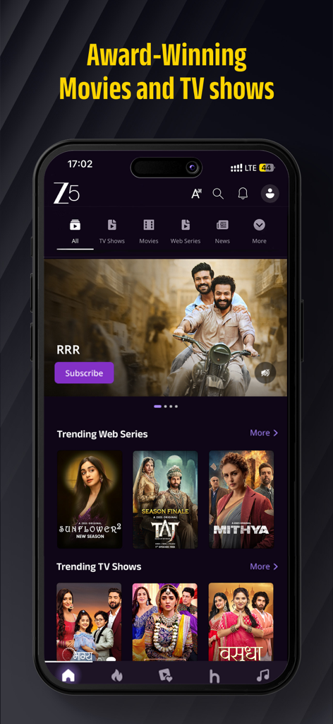 Interfaz de la pantalla de inicio de la aplicación móvil ZEE5 que muestra películas y series web indias de moda