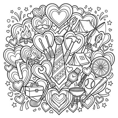 Show your appreciation for Dad with this intricate Father's Day coloring page, beautifully designed with an array of heartfelt paper-cut art. Discover a delightful mosaic of tools, outdoor activities, and cherished symbols, all waiting for your creative touch.