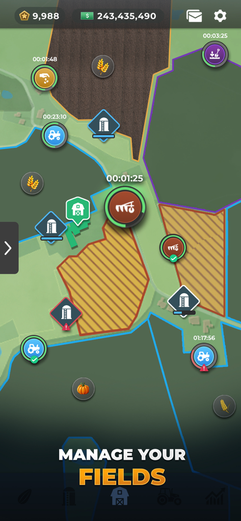 Farm Manager - 2026 - Tactical map view of farm fields with operational icons and timers in Farm Manager 2026.