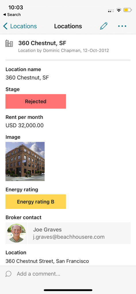 Detalles de propiedades inmobiliarias dentro de la aplicación Podio, incluyendo el alquiler mensual y el contacto del agente