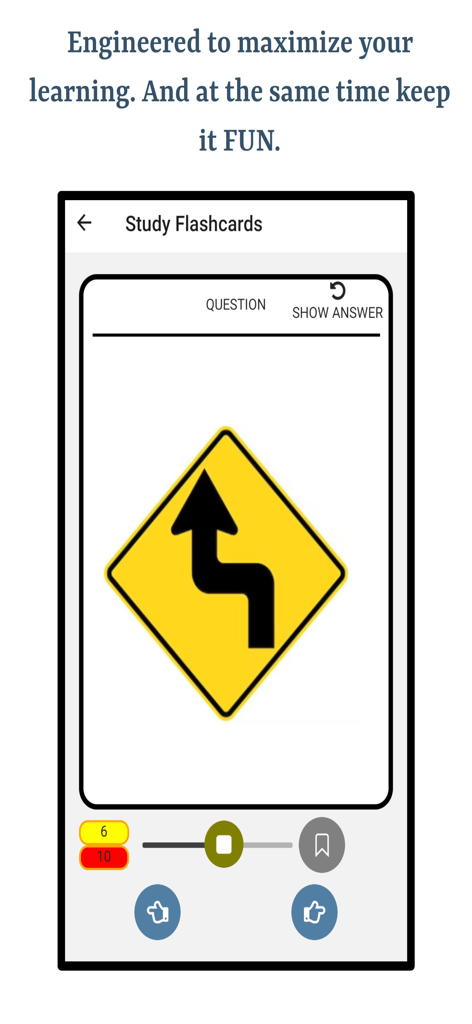 Driving Road Signs - Tela de flashcards de estudo do aplicativo Driving Road Signs apresentando uma placa de advertência de estrada sinuosa