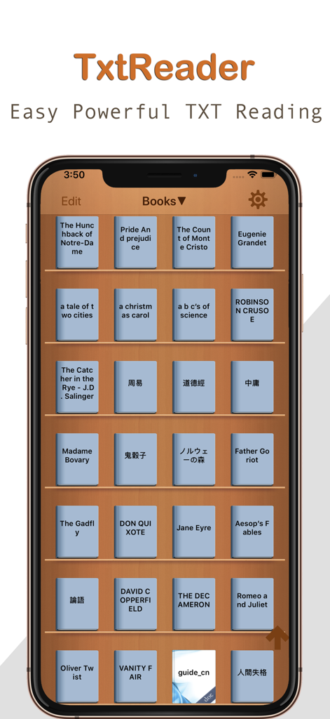 TxtReader Pro - TxtReader Pro mobile app interface showing a virtual wooden bookshelf with a collection of classic literature and text files