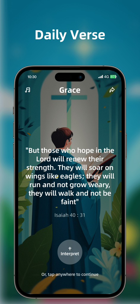 Grace: Bible Chat - Interfaz de la aplicación Grace Bible Chat que muestra el Versículo Diario de Isaías 40:31 con un botón de interpretación