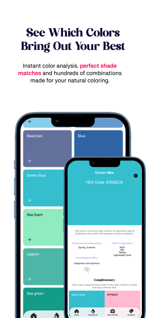 Mobile app interface of misi Color Analysis showing a personalized seasonal color palette and fabric recommendations.