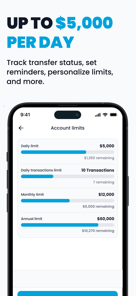 NALA Send Money Globally - NALA app screen showing daily and monthly money transfer limits and transaction tracking