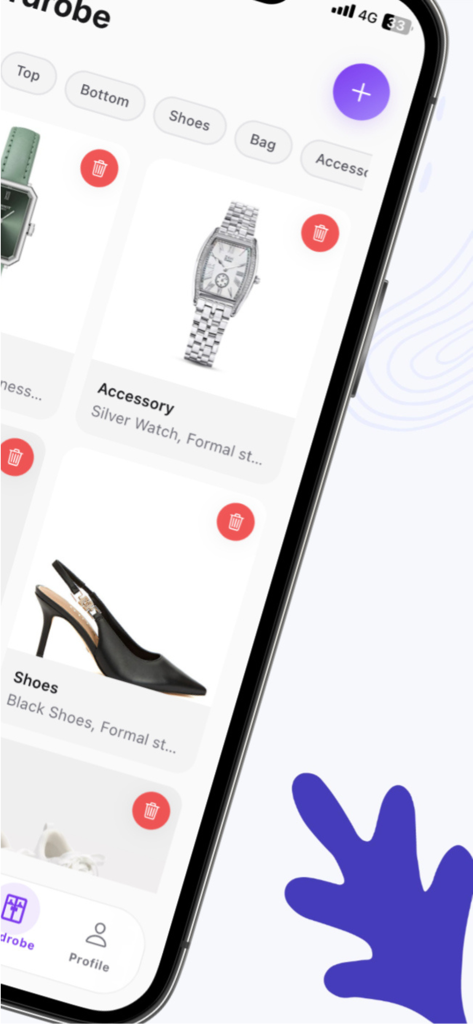Combine AI: Outfit Planner - Interface of Combine AI app showing a digital wardrobe with shoes and accessories
