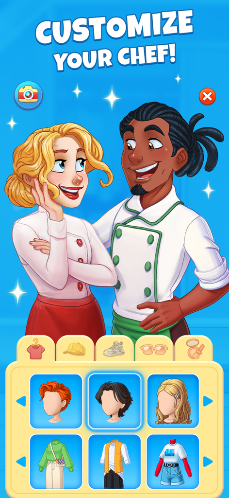 Character customization screen showing options for hairstyles and outfits for chefs in Cooking Diary.