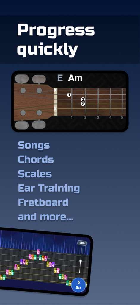 Timbro Guitar - Learn Guitar - Timbro Guitar app interface showing chord fingering and a list of learning features