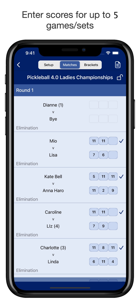 Interface of the All Play All app showing pickleball tournament match scores and results