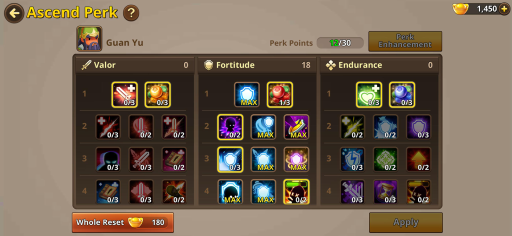 Ascend Perk skill tree for character Guan Yu in Kingdom Story Brave Legion