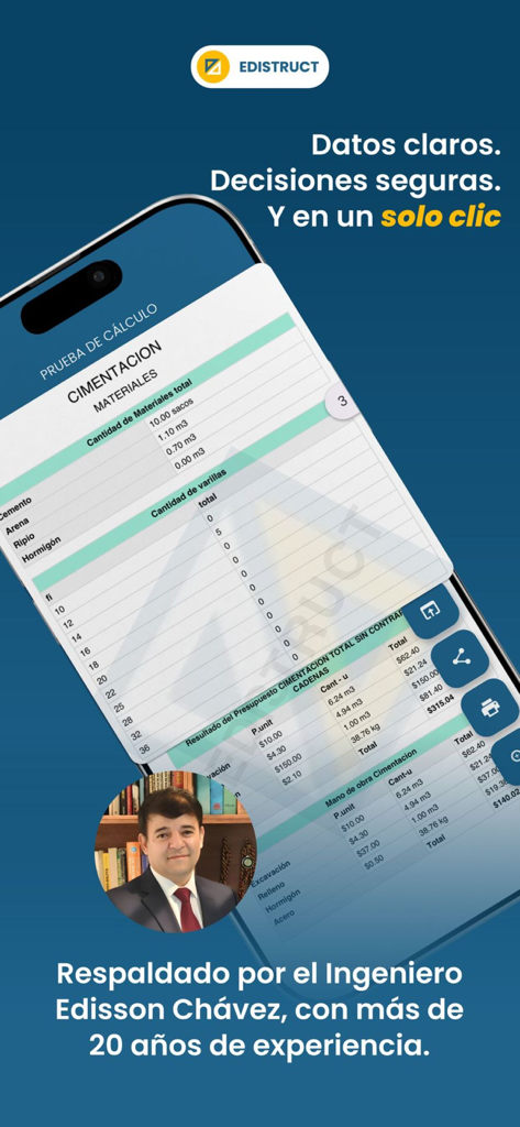 Edistruct - Interface do aplicativo Edistruct mostrando cálculos de materiais de construção e recursos de relatórios profissionais em português.