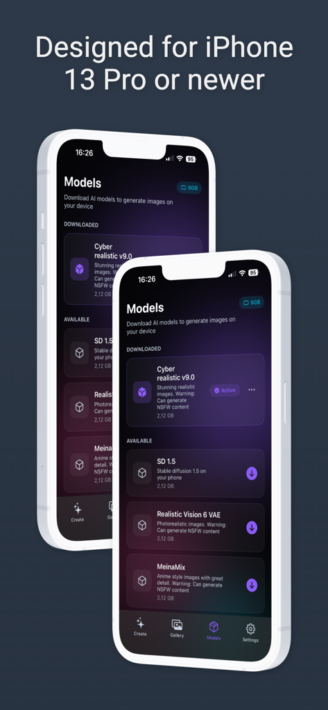 The Lumina app models screen displaying available local AI models for stable diffusion.