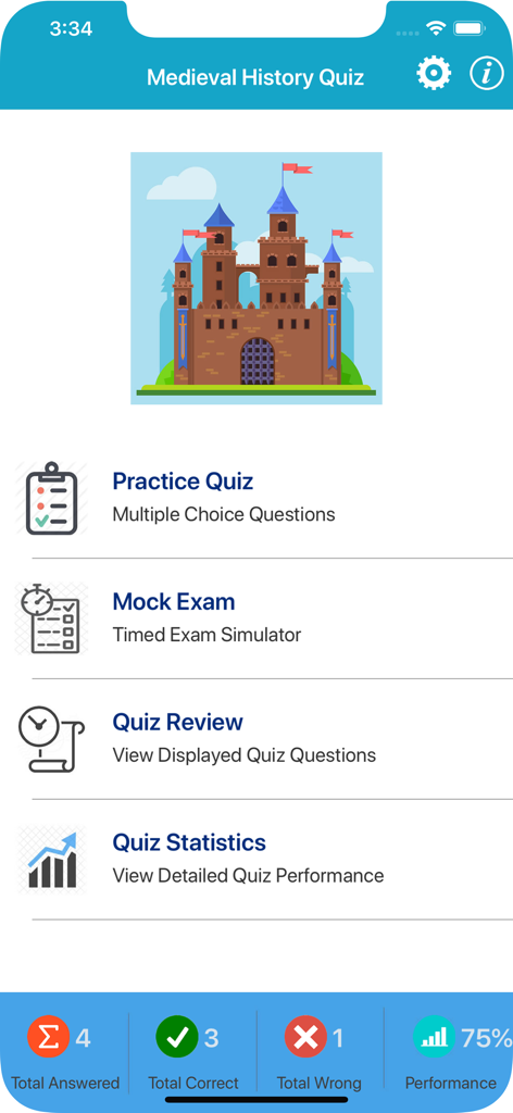중세사 퀴즈 앱 홈 화면, 연습 퀴즈 및 모의 시험 옵션 포함