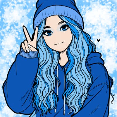 a teenage girl in a beanie, oversized sweatshirt, wavy long hair, and is showing a ✌️