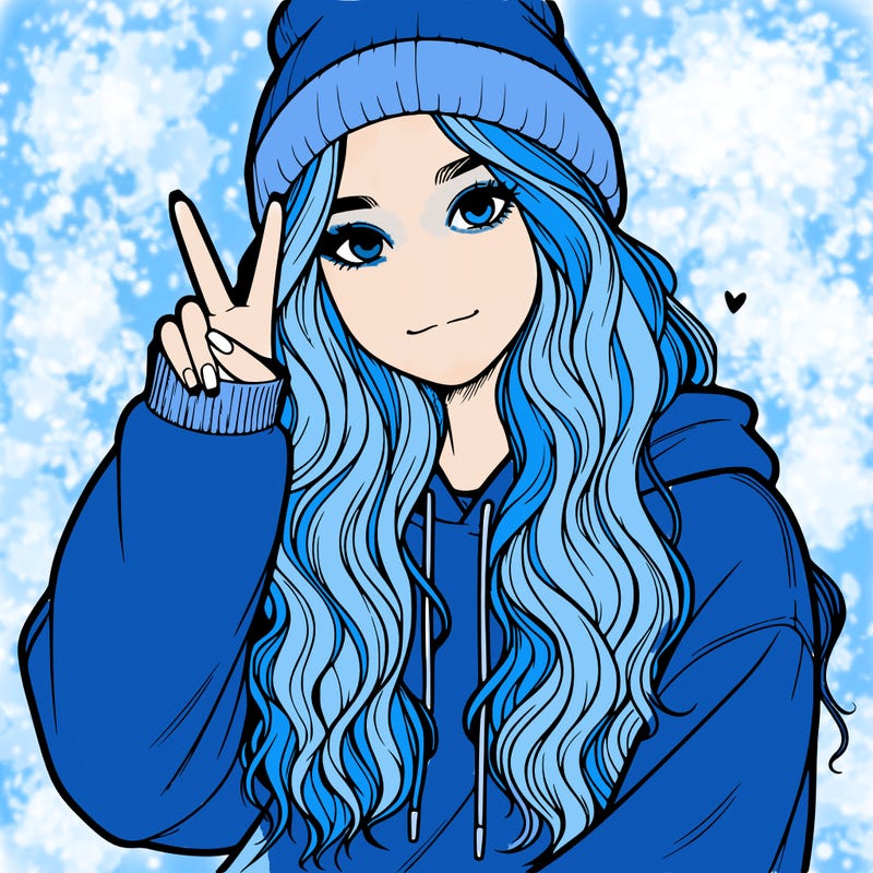 a teenage girl in a beanie, oversized sweatshirt, wavy long hair, and is showing a ✌️