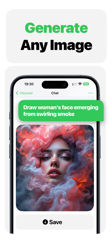Interfaz de chatbot de IA generando una imagen personalizada de la cara de una mujer a partir de una indicación de texto.