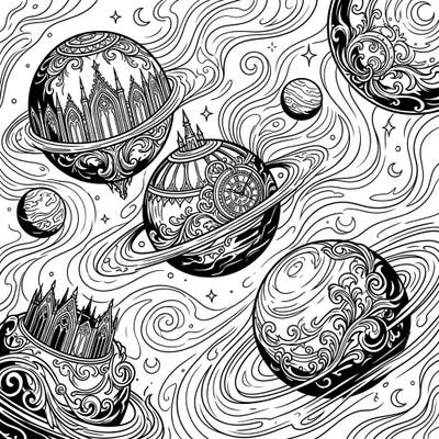 Drift into a captivating universe with this unique Gothic Rogue Planets coloring page. Discover intricately designed celestial bodies adorned with Victorian elegance and cosmic swirls, ready for your artistic interpretation.