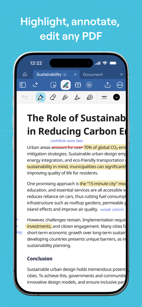 Goodnotes app interface on iPhone showing a PDF document with highlights and handwritten notes