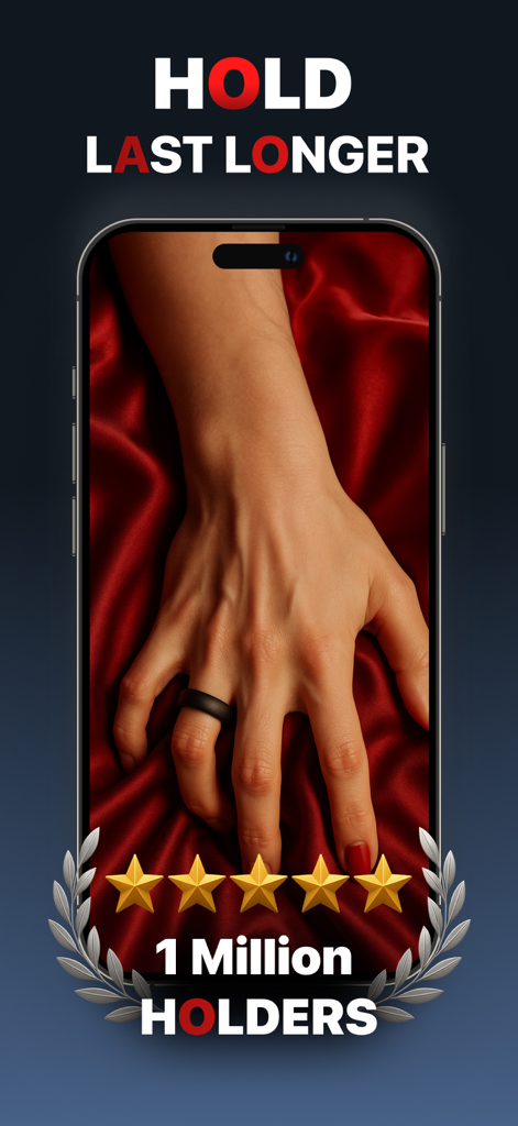 HOLD: Last Longer Kegels - Promotional screen for HOLD app with five star rating and one million users milestone