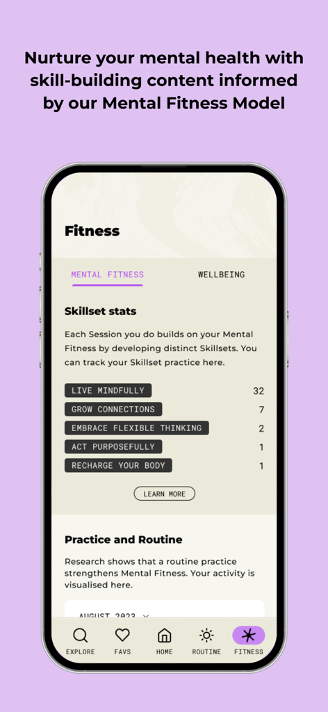 Smiling Mind: Mental Wellbeing - Smiling Mind app interface showing mental fitness skillset statistics and progress tracking