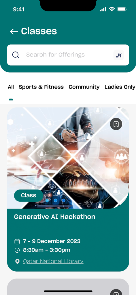 Education City - エデュケーションシティアプリのモバイルインターフェース。検索バーとジェネレーティブAIハッカソンのクラスリストが表示されています。